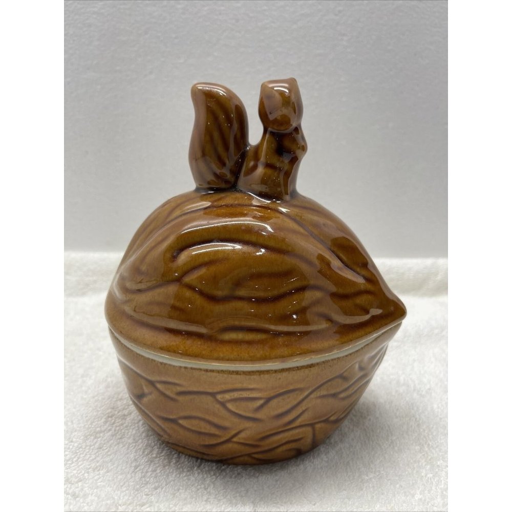 Vintage MCM Ceramic Squirrel Walnut Nut Jar Candy Dish Canister with Lid